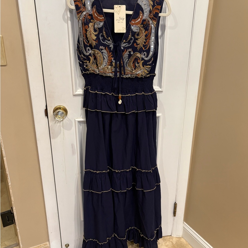 Elegant Navy and Gold Embroidered Maxi Dress
